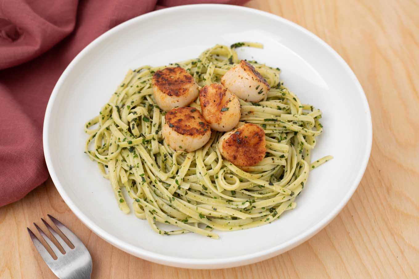 Pan Seared Scallops With Linguine Al Pesto Chef Dennis