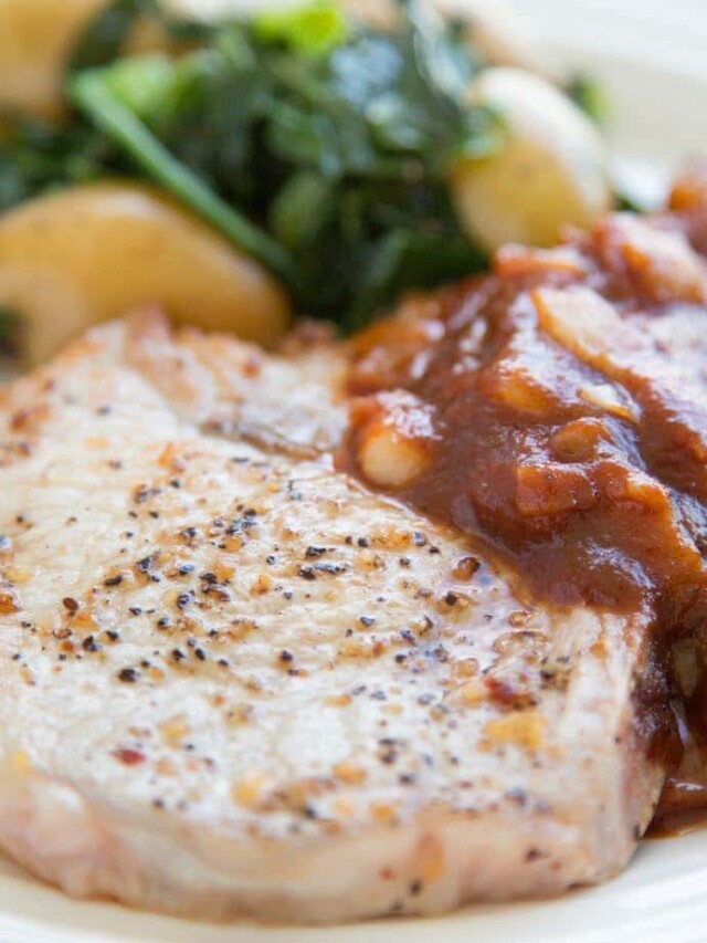 APPLE BUTTER BOURBON PORK CHOPS WITH POTATOES AND COLLARDS Story | Chef ...