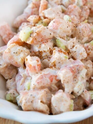 shrimp salad in white bowl