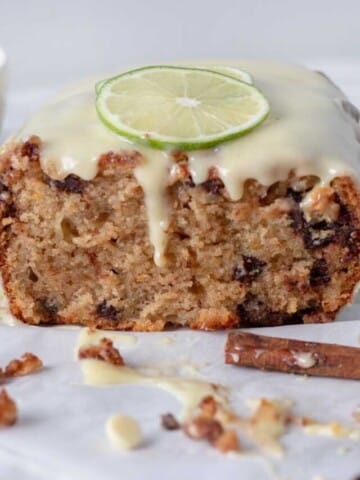 view of cannoli pound cake with the end sliced off