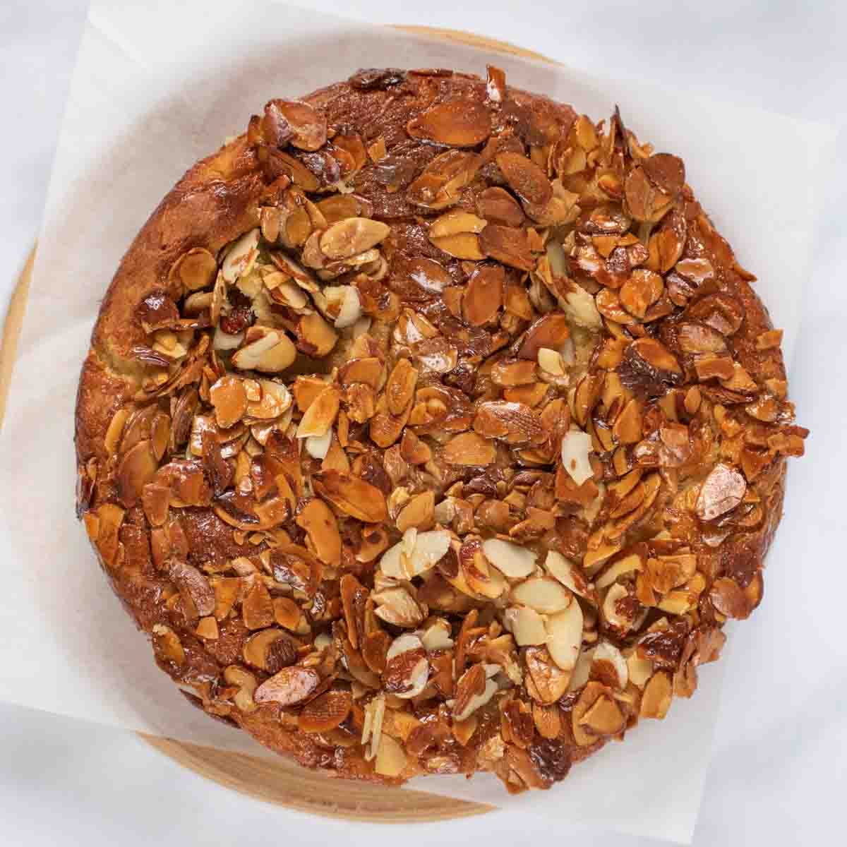 Overhead view of bee sting cake baked and out of the pan. 