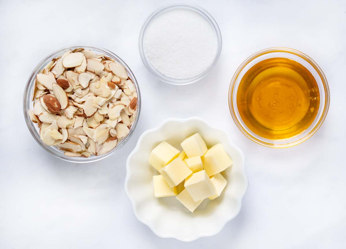 Ingredients to make honey almond topping. 