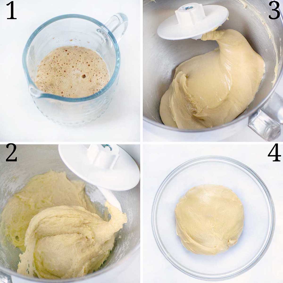 Four images showing how to make pastry dough for the cake.