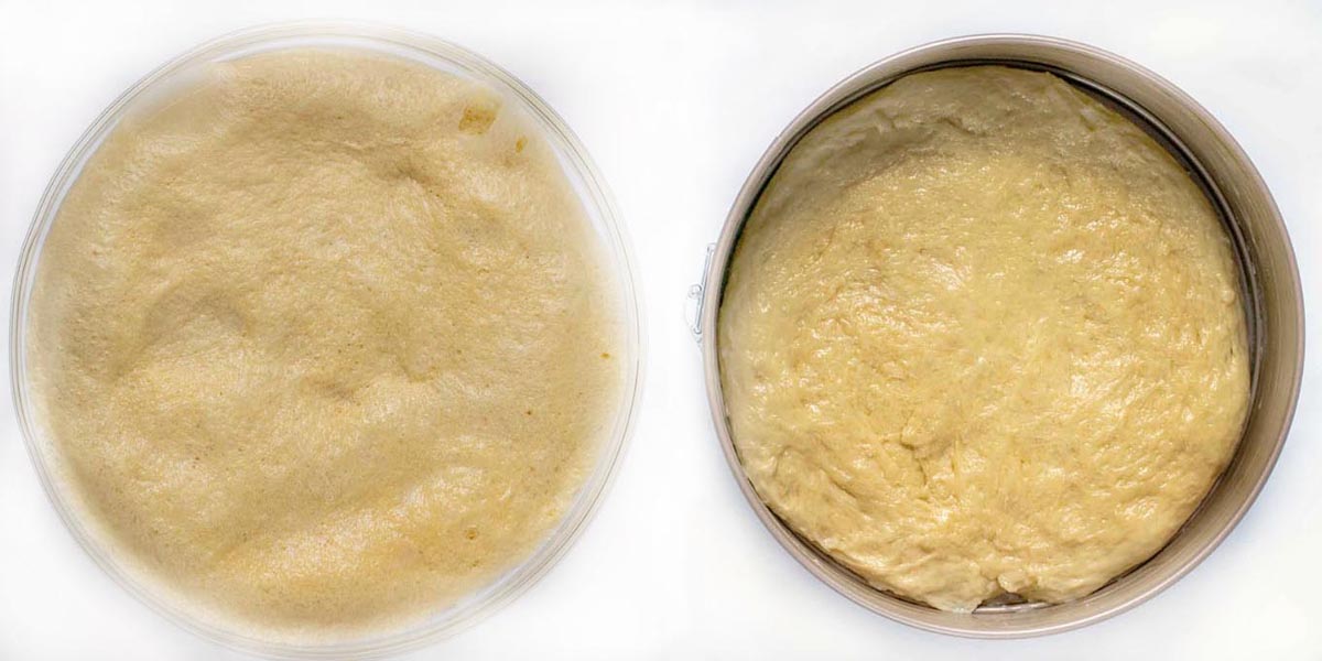 Two images showing proofed dough in bowl and in springform pan.