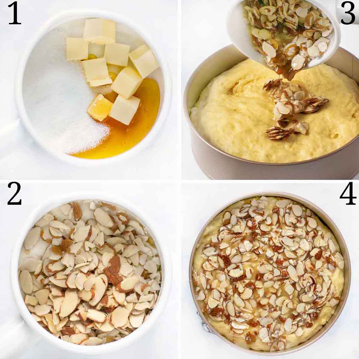 Four images showing honey almond topping process.