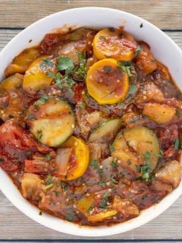 overhead view of ratatouille in a white bowl