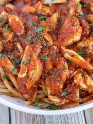 close up of pasta with red crab sauce