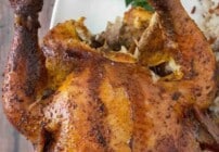 Pinterest image for smoked beer can chicken.