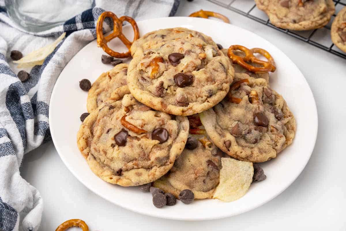 Kitchen sink cookies on a white plate.
