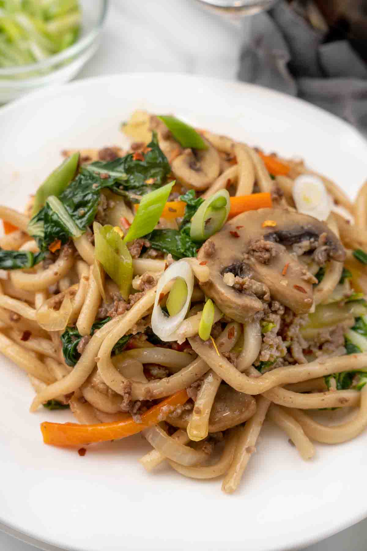 Yaki Udon stir fry on a white plate.