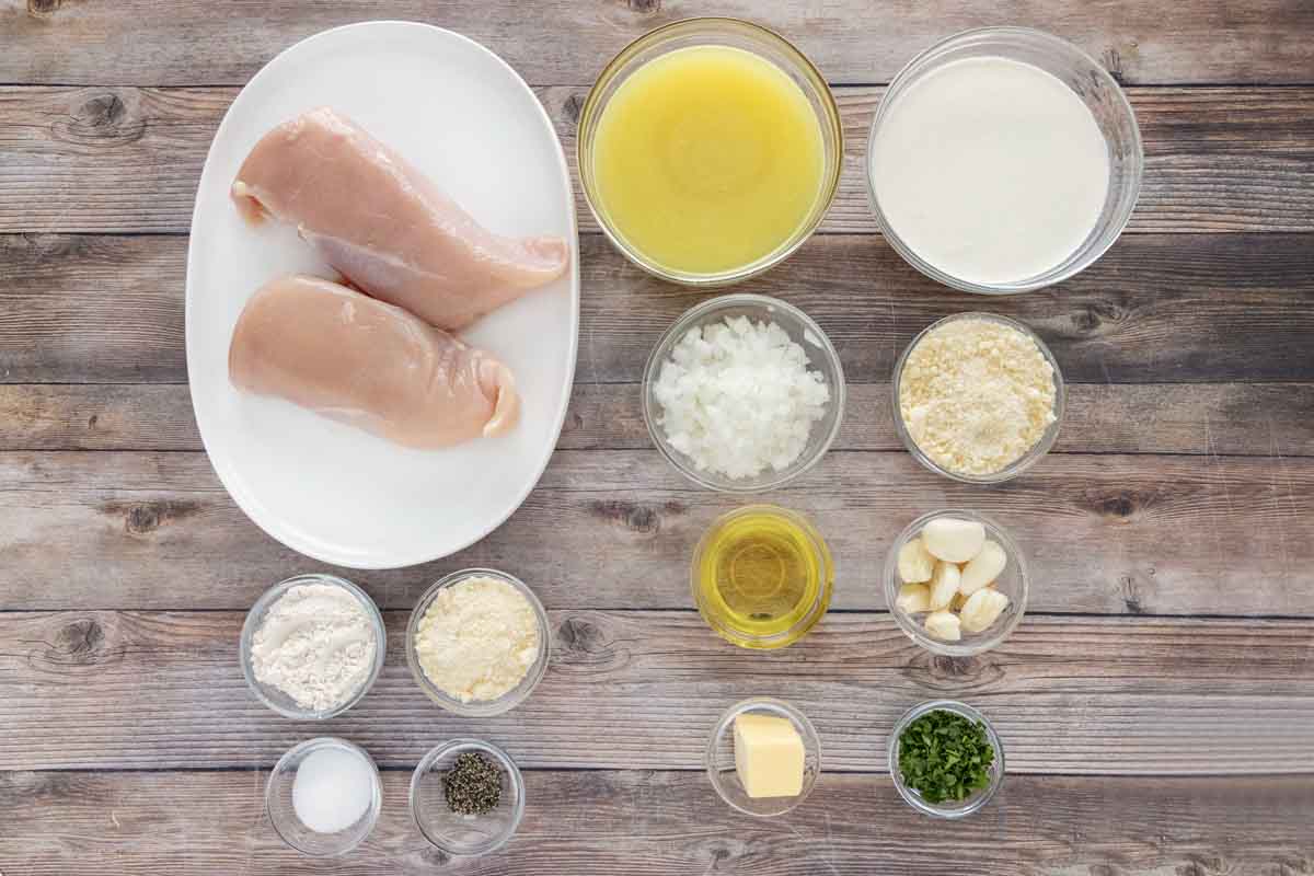 Ingredients to make creamy garlic chicken.