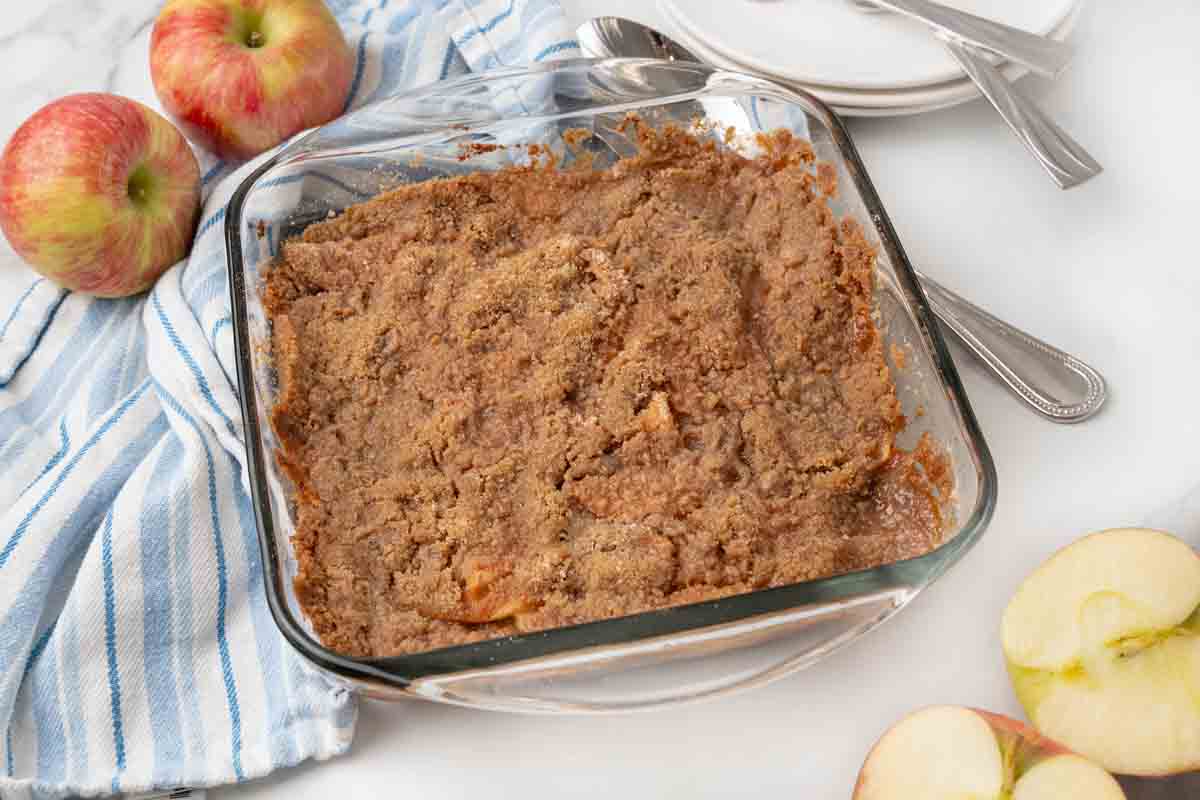 Apple brown betty in a paking dish.