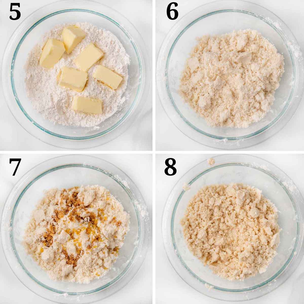 Collage showing how to finish the crumble topping.