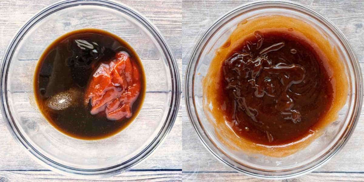 Collage showing how to make tonkatsu sauce.