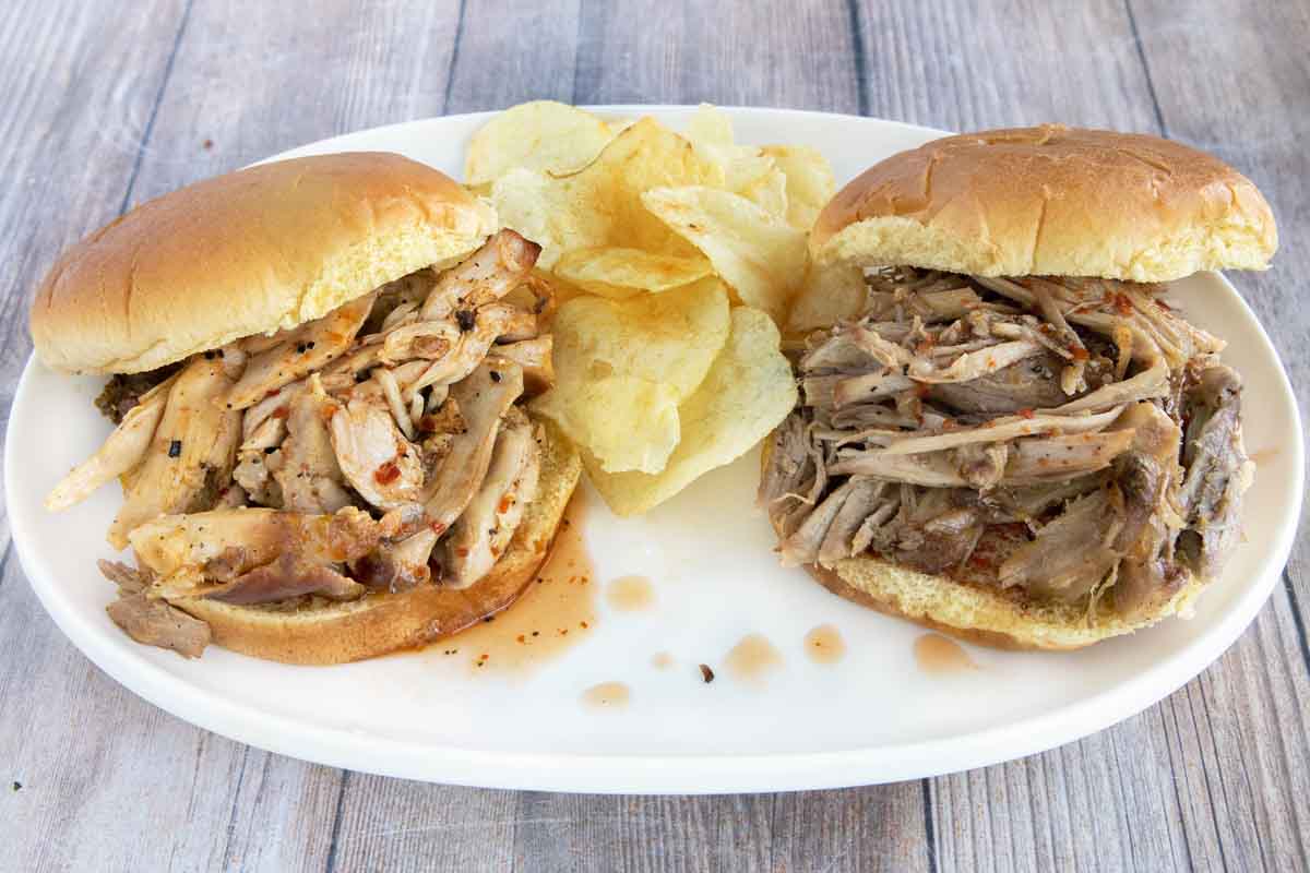 Pulled pork and pulled chicken sandwiches with Carolina vinegar bbq sauce.