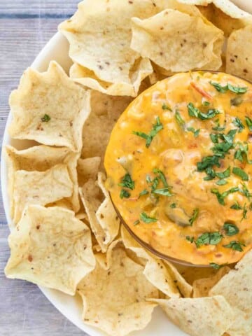 Smoked Queso Dip with tortilla chips in a white bowl.