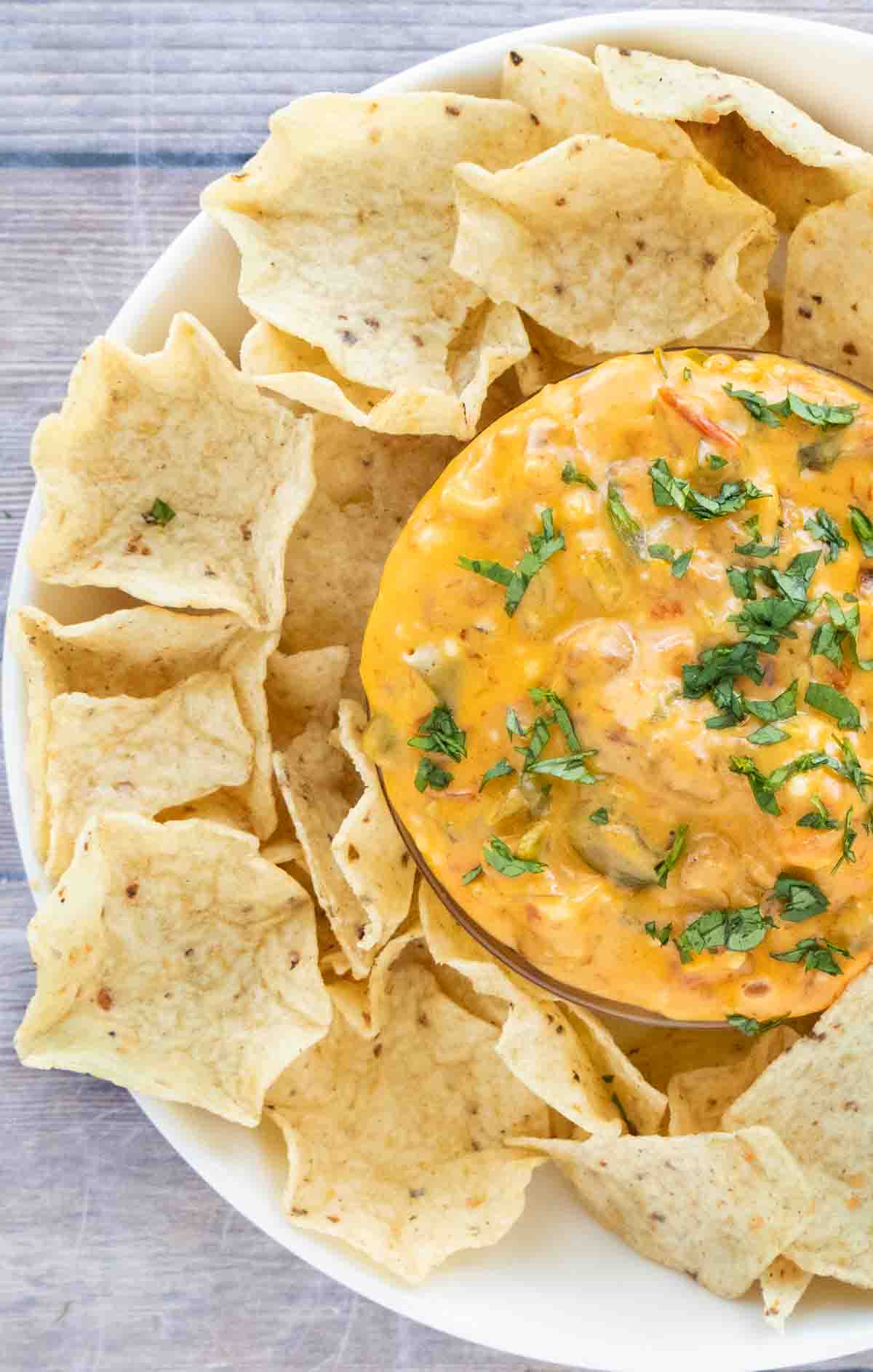 Smoked Queso Dip with tortilla chips in a white bowl.