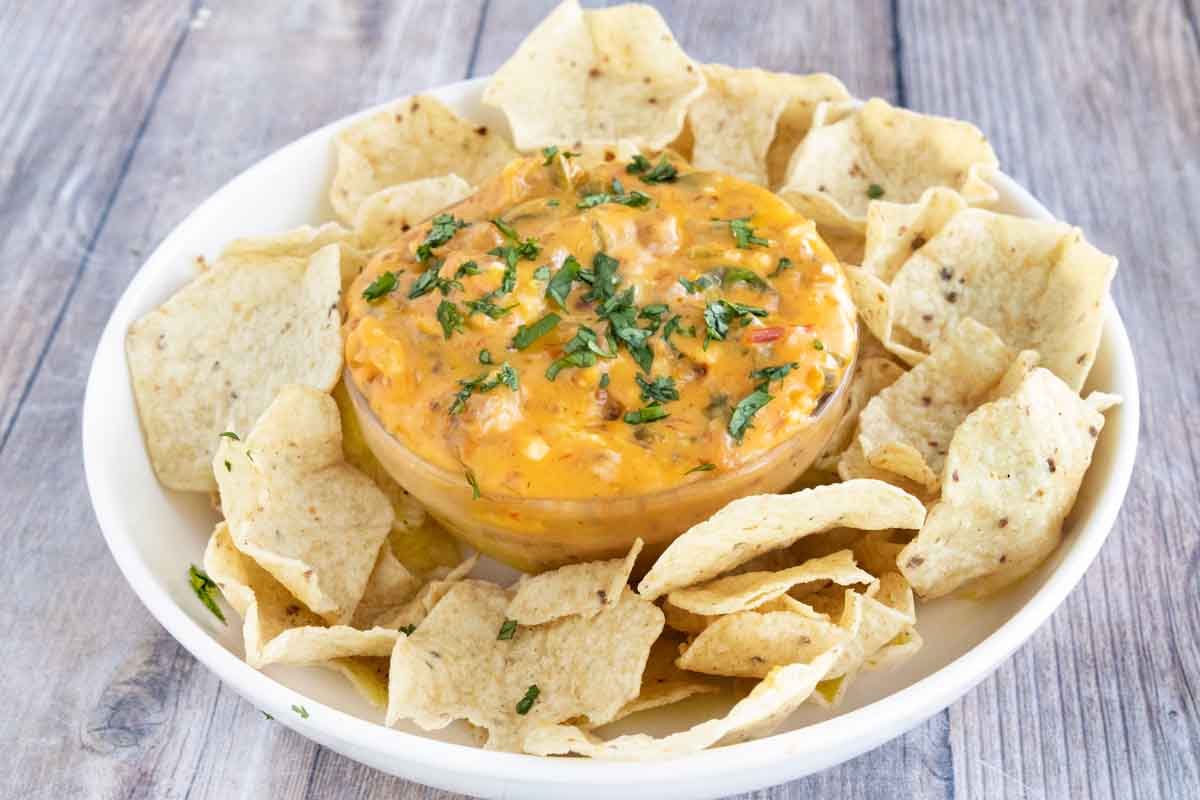 Smoked Queso Dip with tortilla chips in a white bowl.