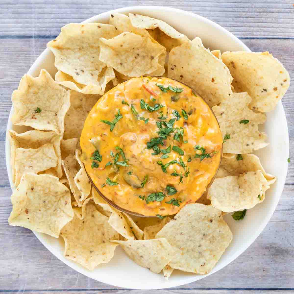 Smoked Queso Dip with tortilla chips in a white bowl.