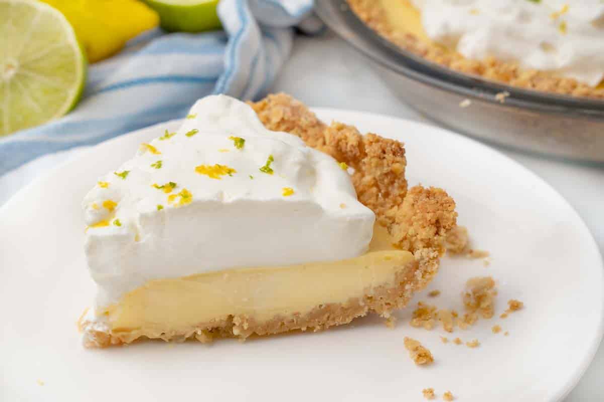 Slice of Atlantic beach pie on a white plate.