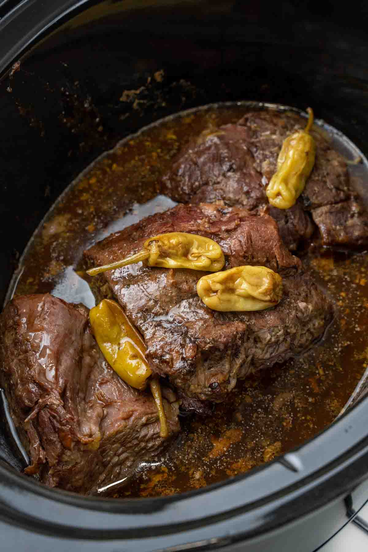 Mississippi pot roast in the slow cooker.