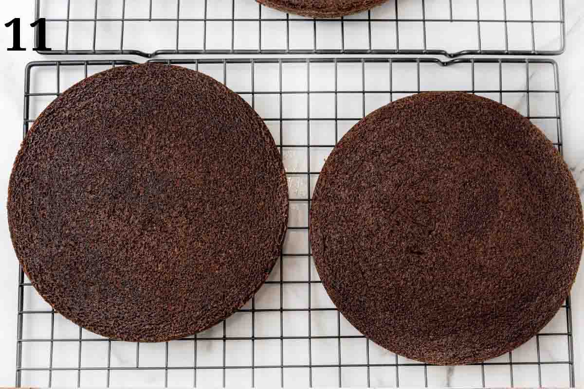 Cakes cooling out of the pan on a baking screen.