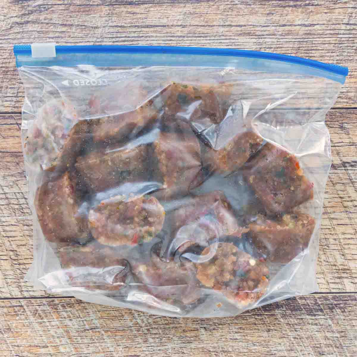 Frozen cubes of sofrito in a ziplock bag.