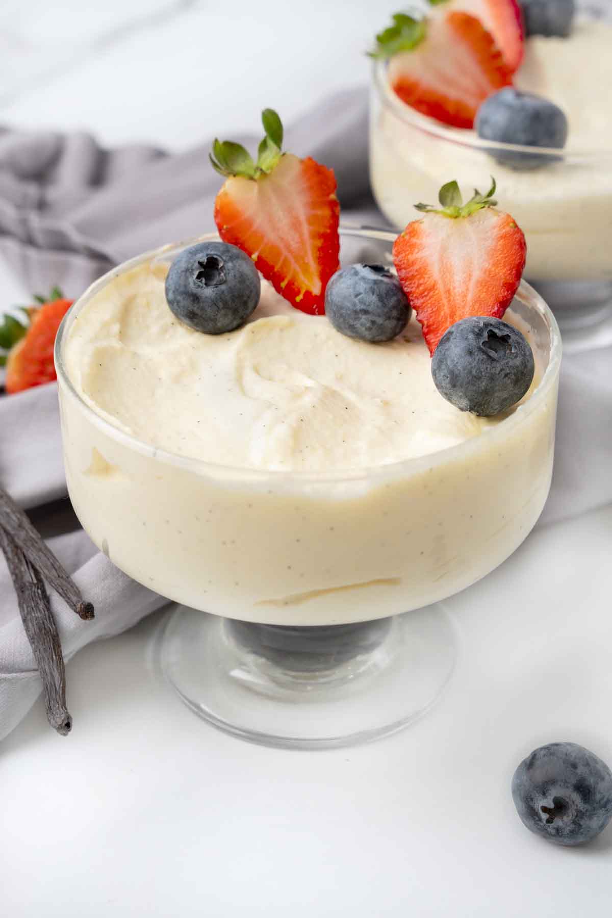  Bavarian cream with berries in a dessert glass.