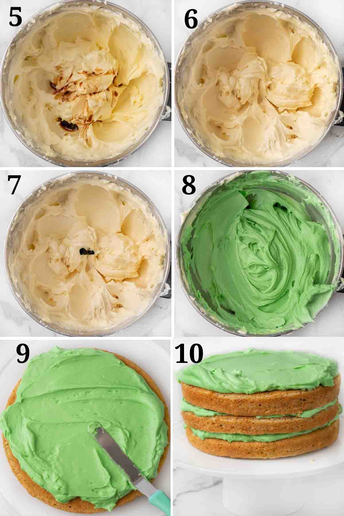 Collage showing how to finish the frosting and assemble the dessert.