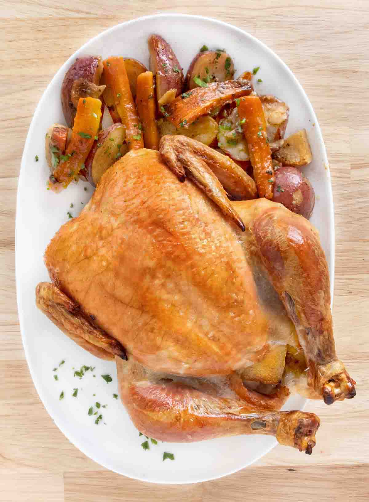 Roasted chicken with vegetables on a white platter.