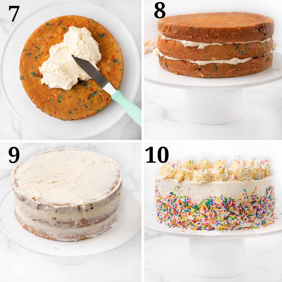 Collage showing how to assemble the funfetti cake.