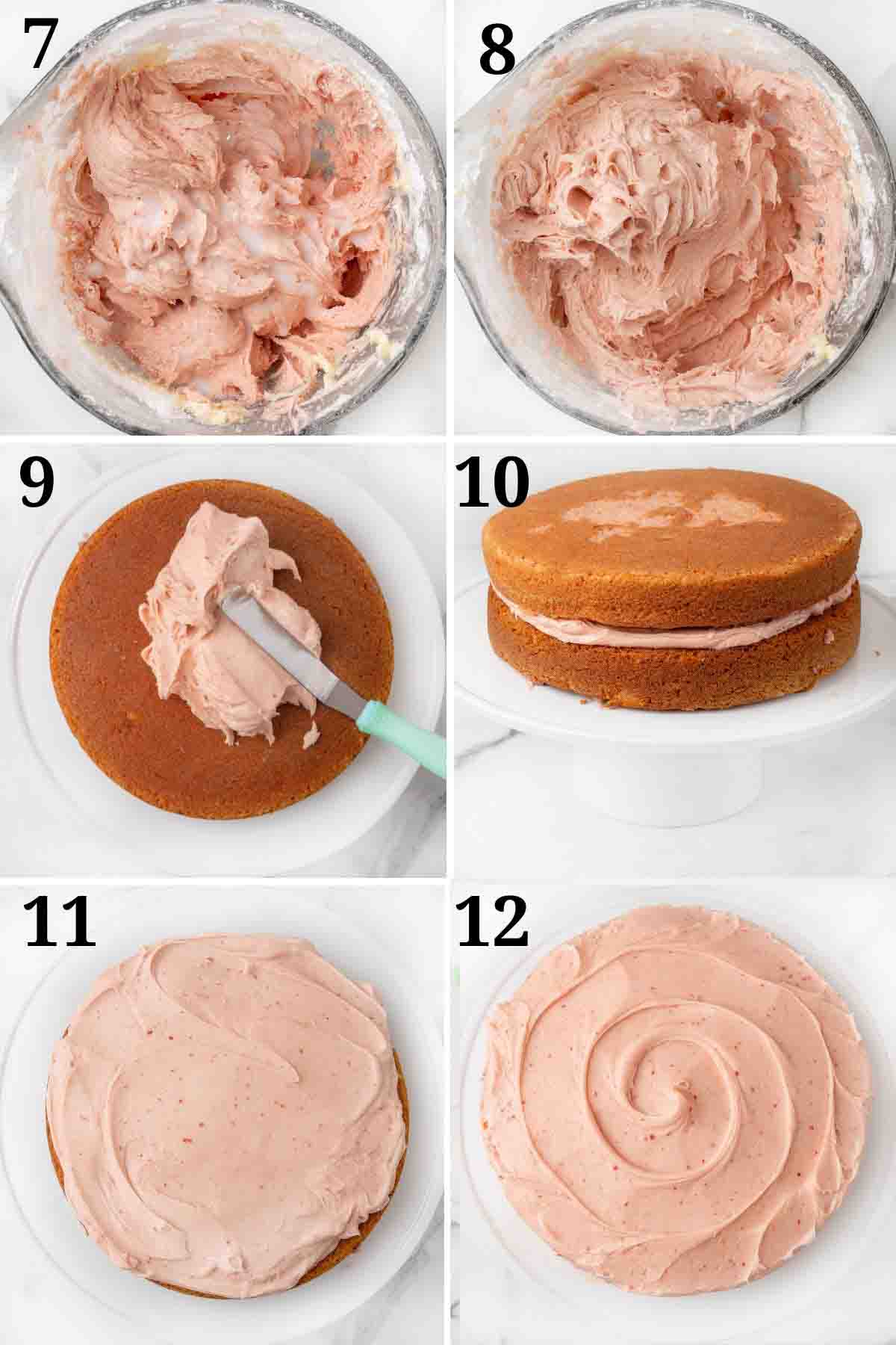 Collage showing how to finish the frosting and assemble the cake.