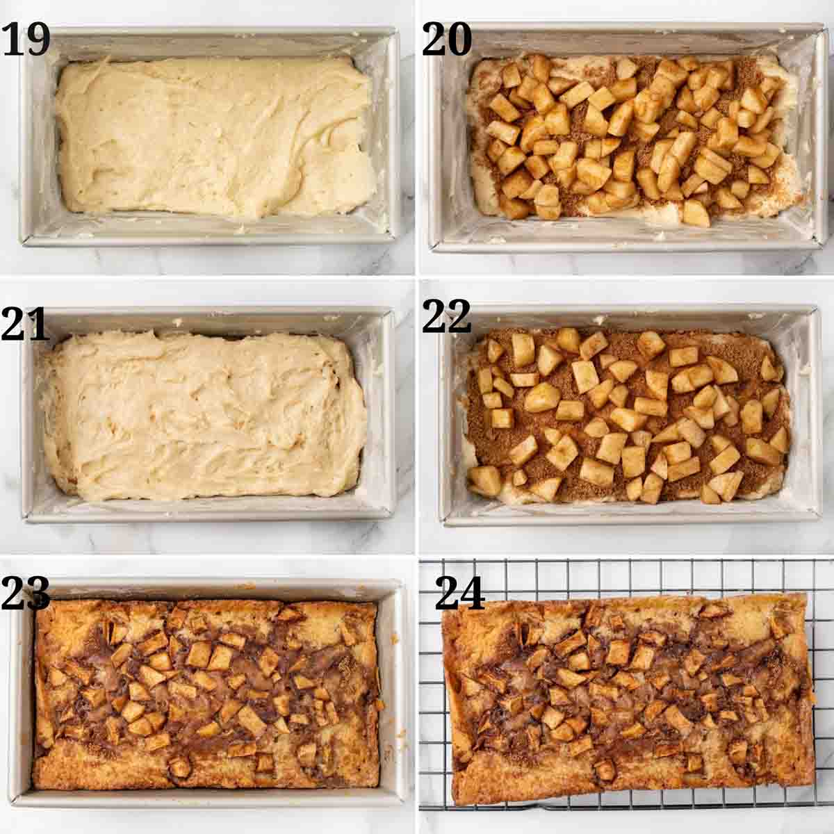 Collage showing how to bake the apple fritter bread.