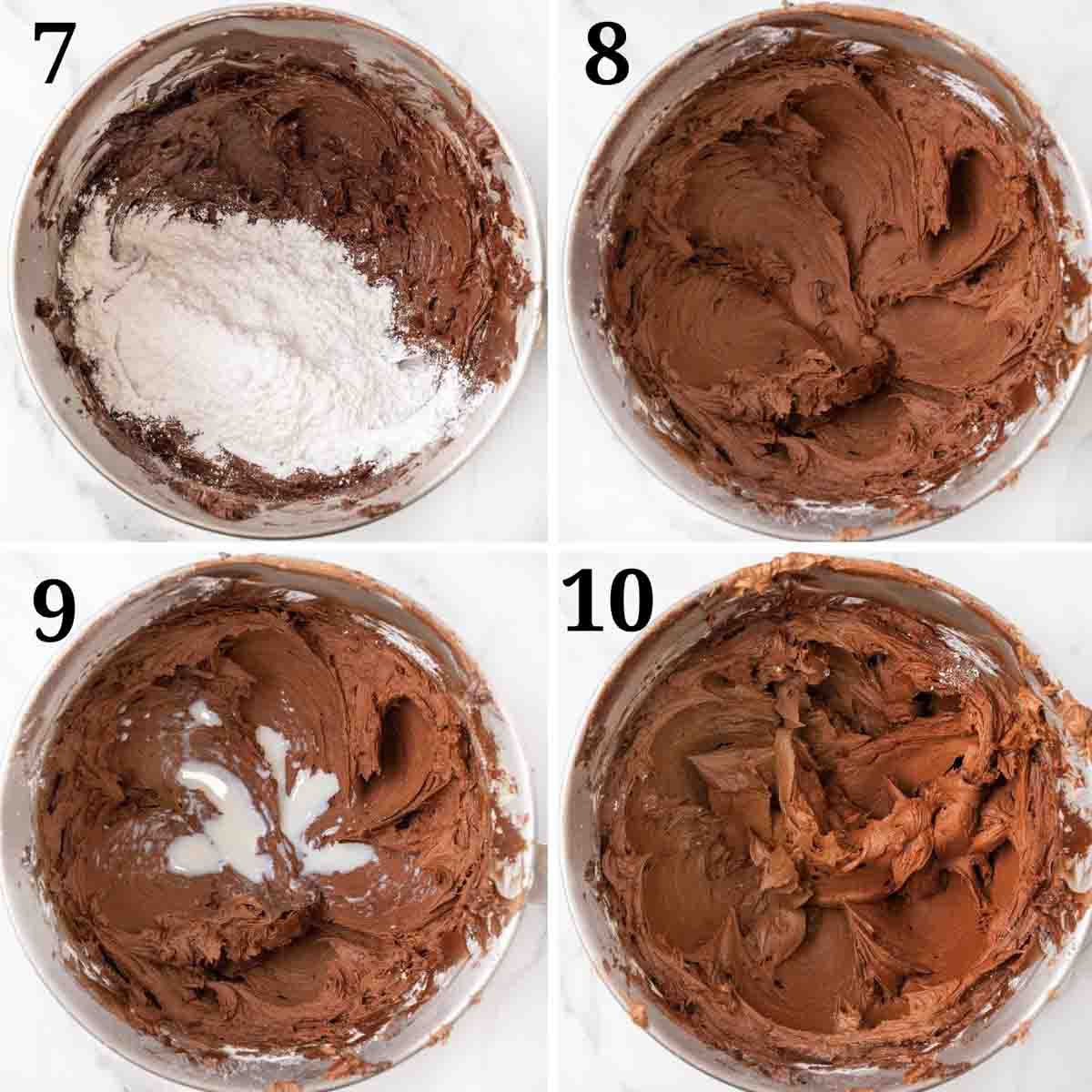 Collage showing how to finish making chocolate buttercream frosting.