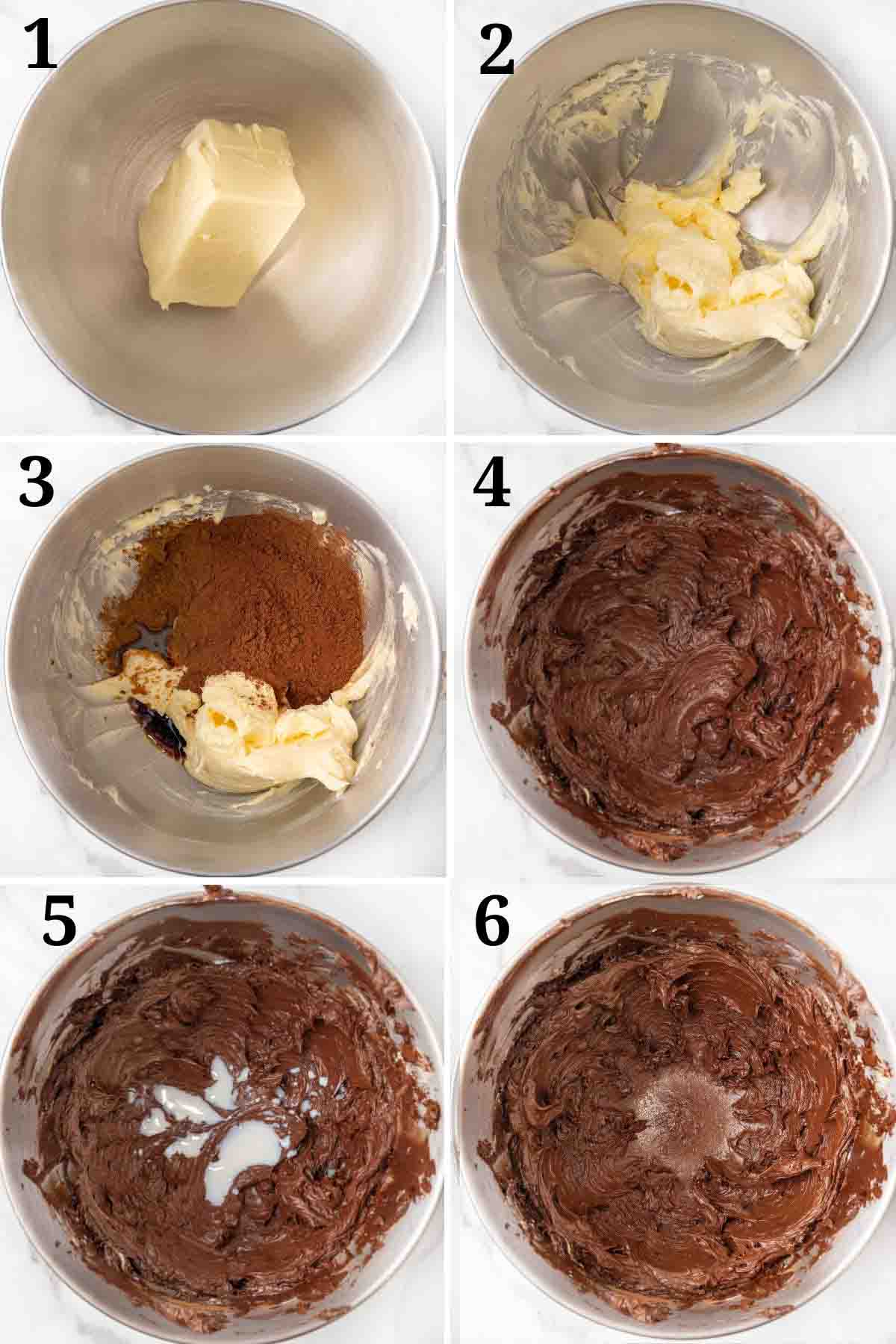 Collage showing how to begin to make chocolate buttercream frosting.