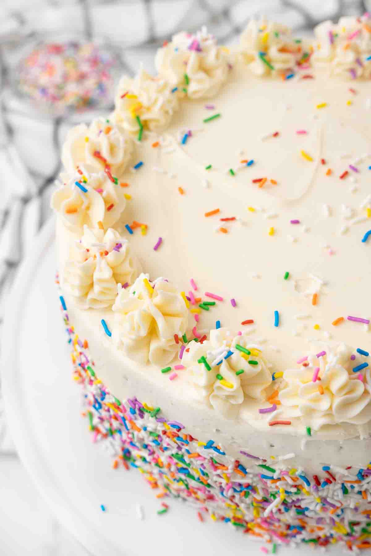 Funfetti cake iced with vanilla buttercream frosting.