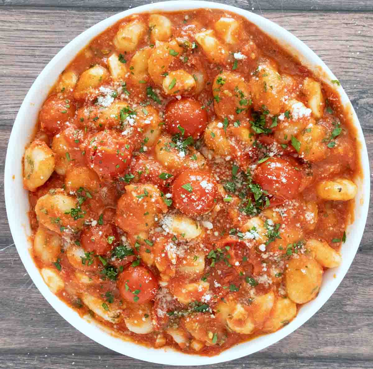 Gnocchi alla sorrentina in a white bowl.