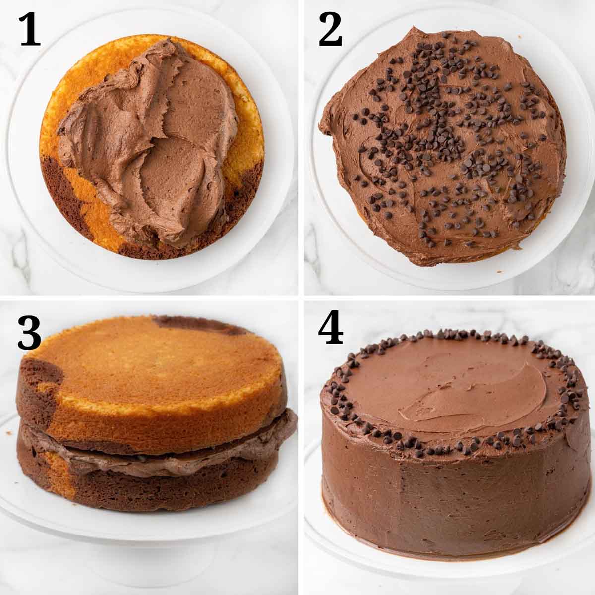 Collage showing how to assemble marble cake.