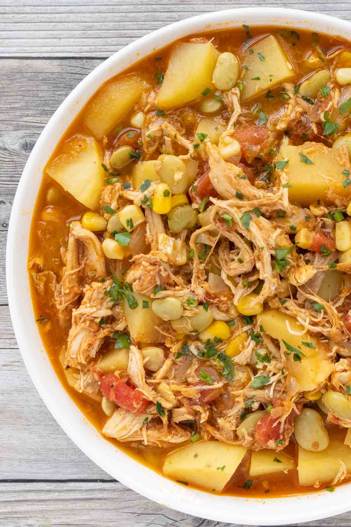 Brunswick Stew in a white bowl.