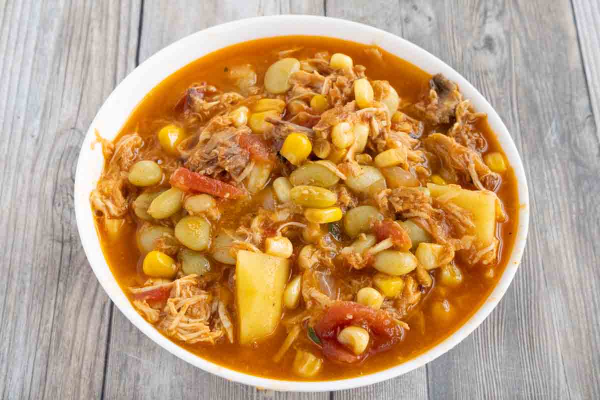 Brunswick Stew in a white bowl.