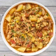 Brunswick Stew in a white bowl.