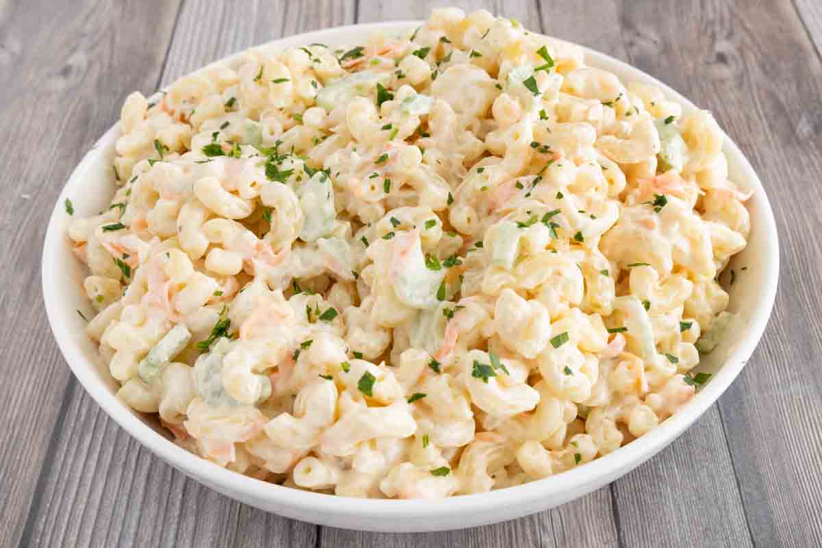 Hawaiian macaroni salad in a white bowl.