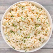 Hawaiian macaroni salad in a white bowl.