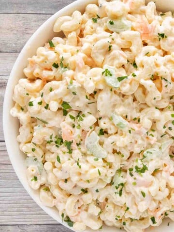 Hawaiian macaroni salad in a white bowl.