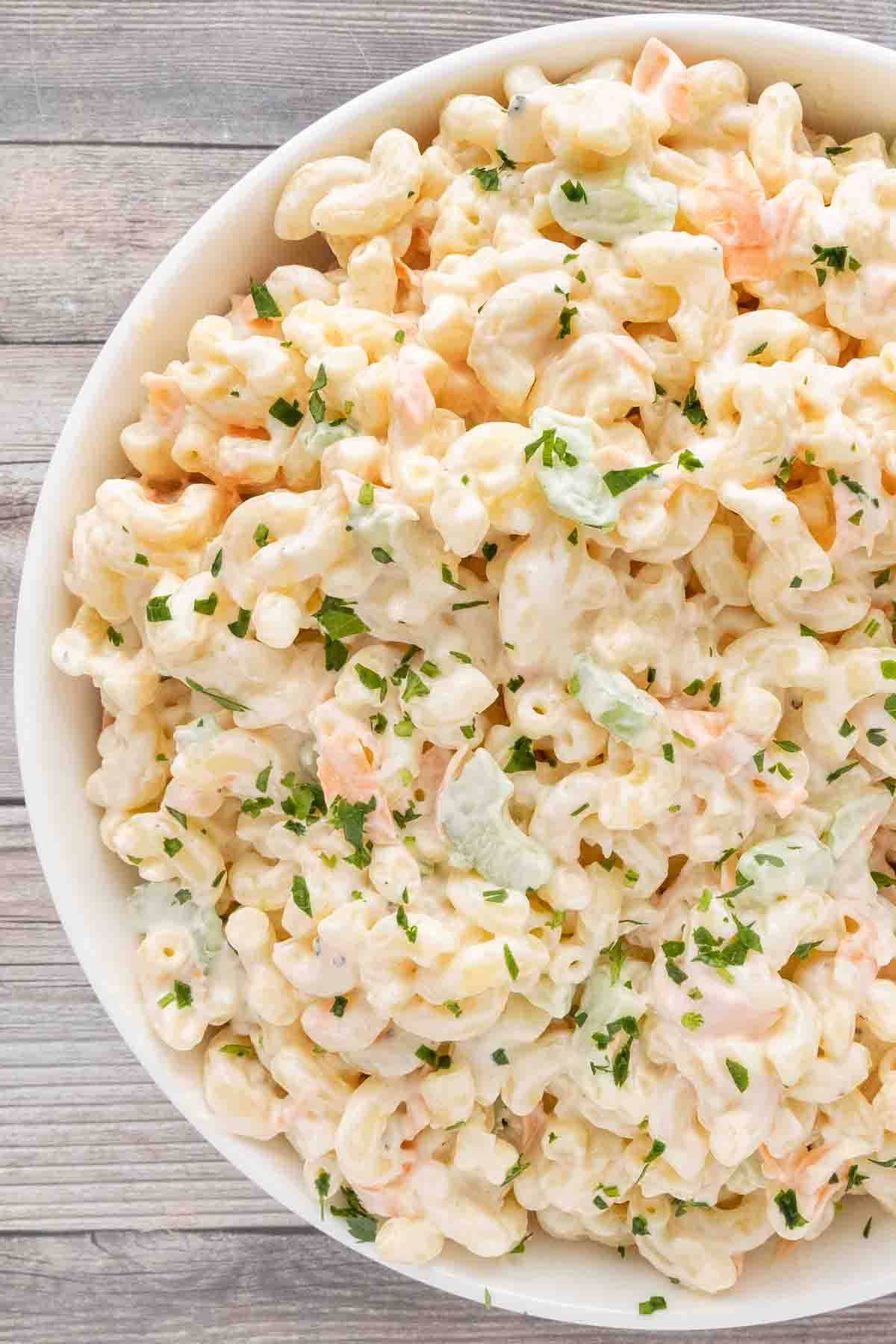 Hawaiian macaroni salad in a white bowl.