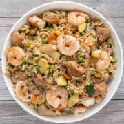 Shrimp and Chicken Fried Rice in a white bowl.